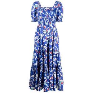 Tory Burch Shirred Smock Blue Painted Rose Floral Maxi Dress Size M